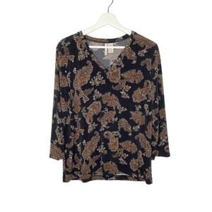 White Stag Black Brown Floral Paisley V-Neck Blouse Top Medium